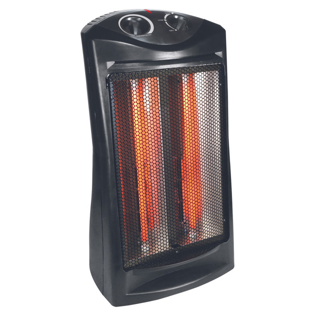 Heat up your home or office space with the Comfort Glow 1500W Quartz Tower Heater With Thermostat. Choose from 2 heat settings while a curved radiant panel enhances the radiant heating effects.  Designed to heat up to 250 sq. ft.  Offers 2 heat settings and adjustable thermostat control.  Includes 750W and 1,500W heating outputs.  Dual controls: 1 for thermostat and 1 with low heat or high heat settings.  Stay cool housing.  Top-mounted control panel for ease of use.  Power indicator light lets you know when the unit is active.  Integrated overheat and tip-over cutoff safety devices.  Convenient rear carrying handle for transport.  Long 6ft power cord provides ample reach.  ETL and Intertek listed.  Backed by the manufacturers -year limited warranty.