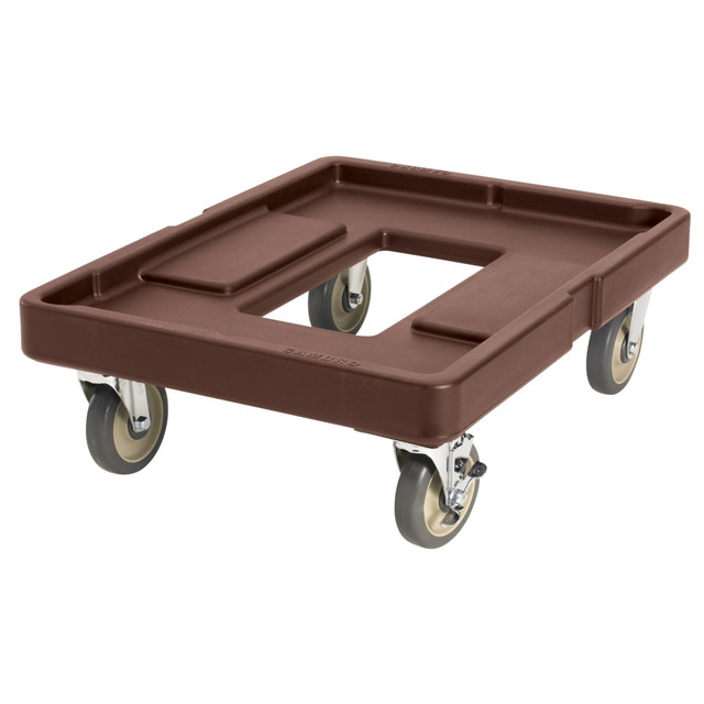 Easily transport Cambro beverage servers and pan carriers with this Cambro dolly. With a food-pan carrier dolly, you can minimize unnecessary lifting and trips to and from your prep area.  Rotomolded plastic construction resists cracks, rust and corrosion.  Heavy-duty casters (2 fixed, 2 swivel and a brake) allow easy maneuverability over most surfaces.  Heavy-duty dolly is ideal for Cambro beverage servers and pan carriers up to 300 lb.  NSF listed.  Ships fully assembled and ready to use.  Backed by the manufacturers 3-year limited warranty.  Finished in brown.