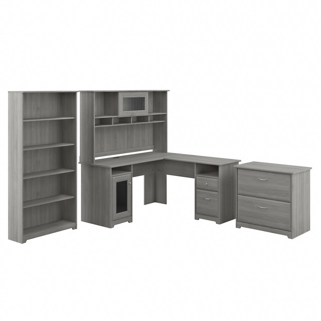 The Cabot 60inW L Shaped Computer Desk with Hutch, File Cabinet and Bookcase presents a practical home office solution with an appealing transitional style. Available in your choice of several attractive finish options, this corner desk with storage set provides a personal work area with looks to match any space and taste.  Bundle includes: 60inW L Shaped Computer Desk with Storage, 60inW Desk Hutch, 2 Drawer Lateral File Cabinet, Tall 5 Shelf Bookcase  Desktops 200-pound weight capacity and wire management grommets support multiple monitors and equipment.  2 Drawer File Cabinet and L Shaped Desks bottom drawer accept letter, legal, and A4-size paperwork.  Tall Bookcase has three adjustable shelves and two fixed shelves; each shelf supports up to 50 pounds.  Computer desk hutch combines open and closed shelving for flexible storage and display capacity.  Corner desks storage cabinet includes one adjustable shelf behind a stylish fluted glass door.  Box drawer and open cubby spaces are ideal for storing work-in-progress and frequently used items.  Thoughtfully designed for maximum stability and includes hardware to anchor the desk with hutch and bookshelf to a wall.  Backed by a 1 Year Manufacturers Warranty.  Standard Delivery Service. Furniture is delivered unassembled.  This product is heavy and/or oversized and may need more than one person to handle.