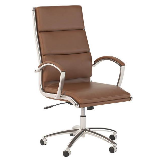 With an elegant design and a variety of color options to choose from, the Modelo High Back Leather Executive Office Chair is the ideal seating solution to reflect your personal sense of style. An attractive combination of leather and chrome guarantees to impress in any workplace, and the cushioned upholstery provides comfort through a full workday.  Overall Dimensions: 24inW x 26 7/9inD x 43inH  Chair weight capacity tested to support 275 lb.  Elegant design with bonded leather upholstery gives the Office Chair an upscale appearance.  Tilt function with tension adjustment lets the user customize the rate and ease of recline.  High back chair limits strain on the upper back, shoulders and neck for all-day use.  Armrests are ergonomically contoured and feature soft padding for maximum comfort.  Chair rolls freely on dual-wheeled casters  360 degree swivel control gives full range of motion.  Choose from 9 unique color options to find the perfect style for your workspace.  Seat measures 20inW x 20inD and adjusts from 19-23inH  Backed by the Bush Business Furniture 5-Year Manufacturers Warranty. For additional information, please visit: www.bushbusinessfurniture.com.ReturnsExchanges  Assembly Required.  Standard Delivery Service. Furniture is delivered unassembled.  Tested to meet ANSI/BIFMA Performance Standards - Manufacturer testing has been conducted on this product to meet specific performance requirements and safety standards set forth by the American National Standards Institute (ANSI) and the Business and Institutional Furniture Manufacturers.