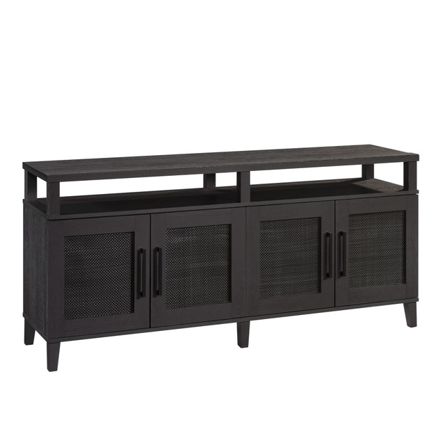 Store your large TV on the Sauder Tiffin Line Entertainment Credenza. This credenza is made of engineered wood and has 2 doors. The hidden adjustable shelves and open storage hold your belongings.  Engineered wood construction offers sturdiness.  Boasts 2 doors with adjustable shelves for hidden storage.  Underneath the top surface is a large shelving area for storage and display of electronic components.  Enclosed back panel has pass-throughs for cord management.  Decorative rattan inserts on the framed doors add style.  Accommodates up to a 65in TV weighing 95 lb or less.  Weight capacity tested to support up to 175 lb.  Assembly required.  Backed by the manufacturer's 5-year limited warranty.  This product is heavy and/or oversized and may need more than one person to handle.