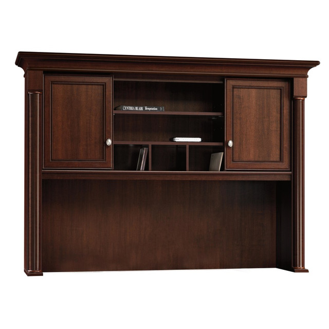This beautiful Palladia Collection credenza hutch will look great next to your credenza to create a traditional work space. The combination of concealed storage, adjustable shelving and cord management helps keep your desk area free of clutter.  Sauder hutch is made of engineered wood for dependable strength.  2 adjustable shelves offer versatile storage options.  Concealed storage space is great for personal documents.  Cord management helps declutter your desk space.  Framed panel doors, pilasters and plinths, full columns and contoured bases combine for a classic look.  Credenza hutch comes in a select cherry finish.  Assembly required.  45in Hutch fits atop the Credenza for additional storage space. Credenza sold separately.  This product is heavy and/or oversized and may need more than one person to handle.  Contains Recycled Content - See Specs for Details.