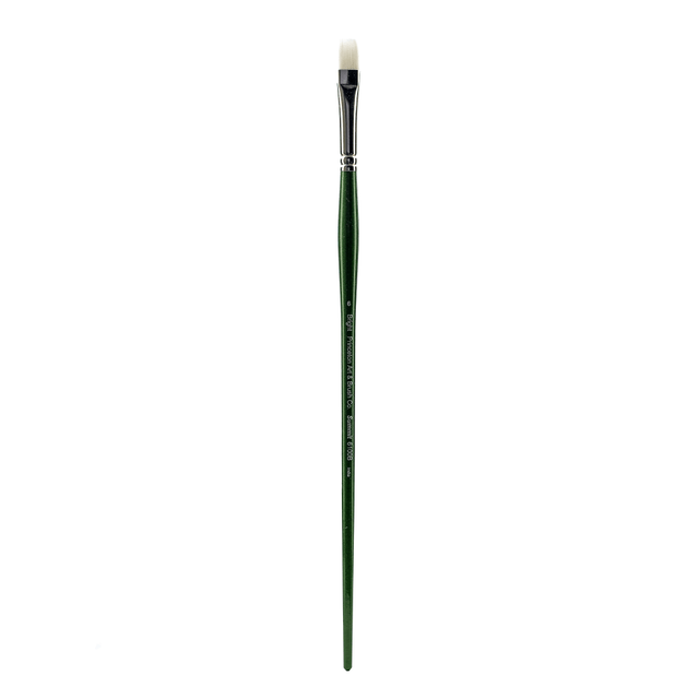 Use this synthetic brush with oil and acrylic paints  Interlocked hairs provide added resilience and control.  White bristles, along with a green hardwood handle, provide an attractive appearance.