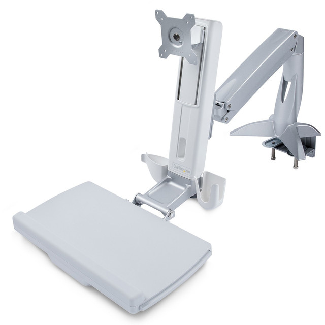 EASY TO CLEAN: The removable mouse tray & plastic ergonomic wrist rest cover allow for frequent cleaning of all high-touch surfaces for a sanitary shared office desktop monitor sit stand workstation  FULLY ADJUSTABLE: Standing desk converter w/ spring-assisted height adjustment & +/-90 swivel base is designed for max stability & flexible installation (desk-clamp or grommet) in space-limited areas  WIDE RANGE OF MOTION: The articulating ergonomic single monitor arm supports +35/-5 deg. tilt, 360 deg. rotating computer screens (landscape/portrait) & adjustable height along the 4.9in (124mm) track - Black version: ARMSTSCP1  MAXIMIZE DESK SPACE: This desk mount stand-up workstation has a padded keyboard tray with slide-out right/left mouse tray that folds up 90 deg. when not in use & cable management for a minimal footprint - Add CPUWALLMNT (sold separately) to mount a PC nearby  SIT-TO-STAND DESK ARM: Convert your existing desk or table to a sit-stand ergonomic workstation with adjustable height, swivel, and extension - VESA compatible (75x75/100x100 mm) - Supports up to 27in (or 34in ultrawide) monitor and 17.6lb/8kg