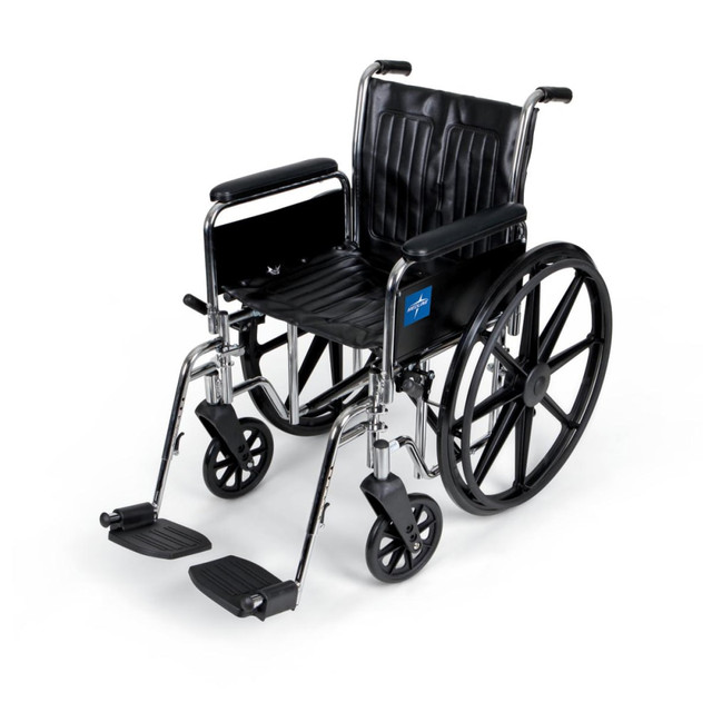 Getting around is easy in this extra-wide wheelchair, which features armrests and vinyl upholstery. The carbon steel construction withstands everyday use, and the chart pocket lets you keep accessories on hand as you go about your day.  Carbon steel frame features chip- and rust-resistant chrome plating.  Vinyl upholstery is comfortable and easy to clean.  Armrests are padded and upholstered to cushion your upper body.  Dual axle hemi-height adjustable design helps you find the right position.  Chart pocket holds accessories.  Threaded seat screw inserts prevent stripping from upholstery changes.  Folds for compact storage.  Backed by the manufacturers limited lifetime warranty.