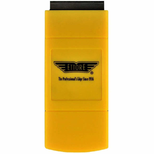 Blade retracts for added safety  Back compartment to store extra blades  Replace worn blades with Ettore Pocket Scraper Single Edge Blades (not included)  Compact, plastic construction to easily carry