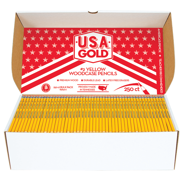 Equip your classroom or household with Cra-Z-Art U.S.A. Gold Pencils for durable use. These wooden pencils feature #2 lead with a strong graphite core formula for even sharpening.  Made from durable wood to resist breakage.  Pre-sharpened for immediate use.  Graphite core formula provides even sharpening.  Each pencil includes a latex-free eraser.