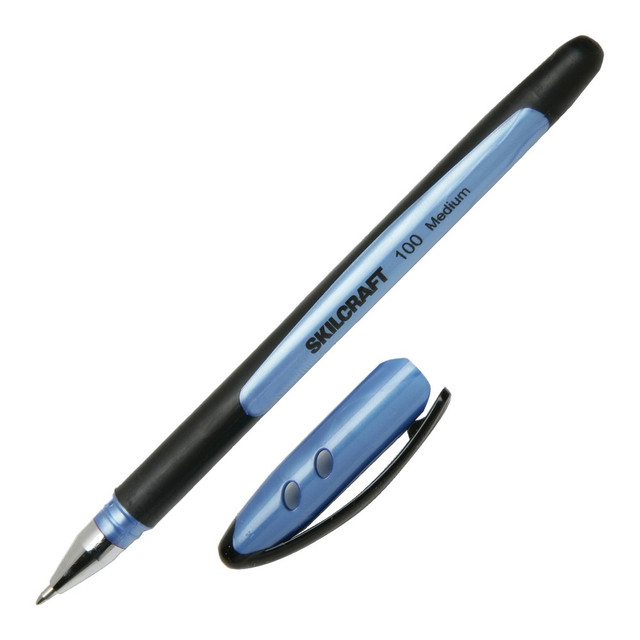 Enjoy the soft feeling of the rubberized barrels on these SKILCRAFT rubber pens. The lightweight design, along with the gripping rings, helps make it easy to use these AbilityOne pens during long writing sessions.  Lightweight barrel is rubberized. Features gripping rings that provide comfort and help reduce hand fatigue.  Cap and clip match the color of the ink.  Slim-line rubber pen.  These rubber pens come in blue.