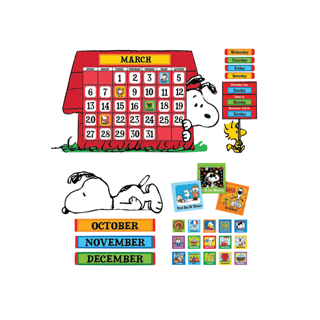 Kids will love tracking special days with help from Snoopy  112-piece set includes everything required to create a calendar bulletin board. Includes a giant calendar with month headings, dates and illustrated squares for special days.  Peanuts characters create a fun way for kids to learn about calendar concepts.  Calendar measures 34in x 24in, so students can easily see it from almost anywhere in the classroom.  A fun way to track time with students from pre-k to grade 12.