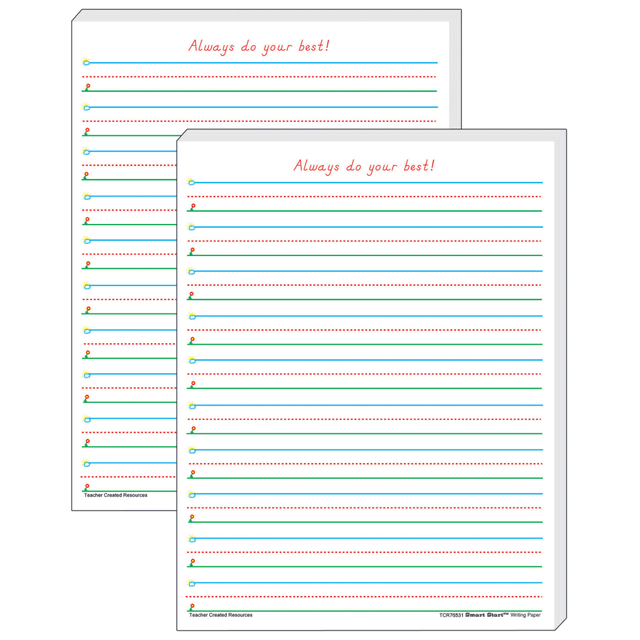 A "Smart Start" for beginner and experienced writers, this teacher writing paper provides a clear, easy method for helping students with their handwriting. Stock up the classroom with this Created Resources Smart Start paper to ensure a successful year ahead.  Bold graphics in blue, green, and red promote the feeling of success.  Children simply "Start at the Sky and pull down to the Ground" to form letters correctly.  1-2 writing paper lines have 5/8in spacing.  White paper with 5/8in spacing.