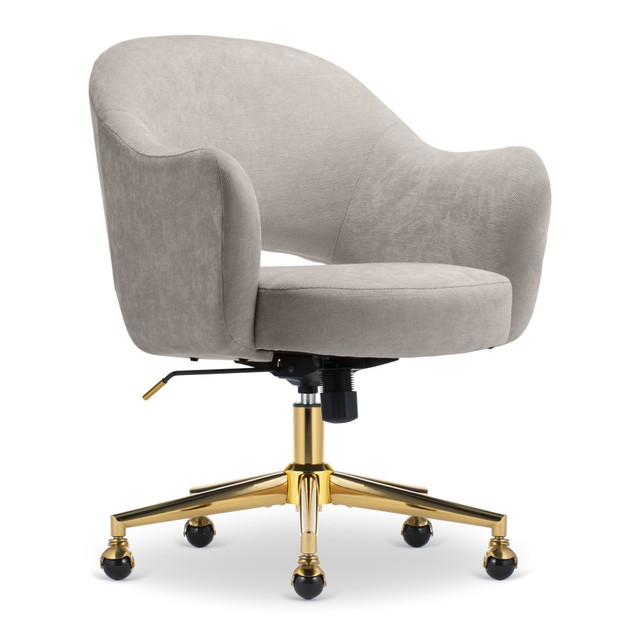 Reimagine your workspace with the Serta Mia Home Office Chair. Inspired by the iconic styles of the 70s, it's an invitation to a world of style and luxurious comfort. The rounded back and gently sloping arms envelop you in feathery velvet that feels soft against your skin. The polished base adds a refined and elegant touch that elevates the entire look. This fashionable office armchair delivers medium-firm comfort with a well-cushioned mid-back that offers support for casual work sessions. The pocket coil seat is layered with high-density foam to keep things comfortable while the sculpted armrests ensure ergonomic positioning for extended chats or brainstorming sessions.  Soft, lush velvet upholstery.  Rounded silhouette and mid-back design.  Curved armrests and open back for stylish flare.  Ergonomic office chair features a comfortable, foam-padded seat cushion.  Easy-lift lever to adjust height settings.  Recline lockout with adjustable rocking tension.  Lightweight, supportive metal base.  Swivel ball casters glide across most carpet types.  Weight capacity tested to support 275 lb.  Casters are intended for use on carpet and are not recommended for use on tile or hardwood floors.  Overall Dimensions: 36-1/2inH x 26-3/4inW x 29-1/2inD.  Backed by the manufacturer's 1-year limited warranty.  Tested to meet ANSI/BIFMA Performance Standards - Manufacturer testing has been conducted on this product to meet specific performance requirements and safety standards set forth by the American National Standards Institute (ANSI) and the Business and Institutional Furniture Manufacturers.