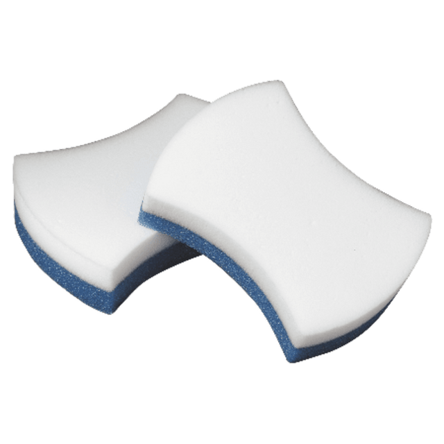 These soft, flexible sponges wipe away stains and scuffs with no need for chemicals. The tough design is ideal for tackling hard-to-clean marks and residue.  Designed for a variety of surfaces and safe for indirect food contact areas.  Blue urethane layer wipes away stains and residue, while the white polymeric foam side can be used to erase marks.  Clean without chemicals - just wet and squeeze out excess water.