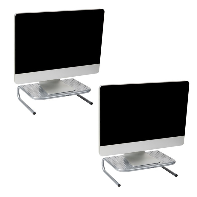 Ergonomic, Ventilated Dual Monitor Stands Improve your workspace ergonomics and save space with two portable monitor stands. These stands are perfect for your computer monitor, flat-screen TV, or laptop, offering a balance of convenience, height, and durability. Each stand weighs just 3 lbs (1.36 kg) for easy portability, and the sturdy metal construction supports daily use with a weight capacity of up to 33 lbs. (15 kg). Engineered with a ventilated design, these stands allow your devices such as laptops to breathe, effectively reducing the risk of overheating. Additionally, non-slip feet ensure your stand and devices remain securely in place. By elevating your monitor to eye level, these stands can help alleviate stress on your neck and back, preventing discomfort caused by prolonged periods of crouching or bending over a low-set screen. The ample room underneath can be utilized to store office supplies, papers, folders, and more, promoting an organized workspace. Ideal as a gift for recent graduates heading off to dorm rooms, housewarmings, holidays, and more, this set of two monitor stands offers the perfect solution for improving workspace ergonomics while keeping your work area tidy. Keep one for yourself and gift the other, or utilize both for a dual-screen setup.  Versatile functionality: This monitor stand has a weight capacity of 33 lbs. (15kg) and is designed to accommodate various devices, including standalone monitors, small televisions, and laptops, making it a versatile solution for different setups  Portable and adaptable: Whether you are working in your home office, office, or dorm room, this monitor stand is lightweight and easily portable, allowing you to set it up wherever you need it  Sleek and modern design: The ergonomic metal design of the stand adds a touch of style to your workspace, and its open grid design promotes airflow to keep your electronics cool and prevent overheating  Sturdy and easy to maintain: Made from durable materials, this stand is built to last and can be easily cleaned with a damp cloth and mild dish soap, ensuring it remains in top condition  Optimal dimensions: With measurements of 14.5 inches long x 11.25 inches wide x 4.25 inches tall (36.8 x 28.6 x 10.8 centimeters), this stand fits perfectly on any desk or surface, providing a practical and space-saving solution  Optimal dimensions: With measurements of 14.5 inches long x 11.25 inches wide x 4.25 inches tall (36.83 x 28.58 x 10.78 centimeters), this stand fits perfectly on any desk or surface, providing a practical and space-saving solution