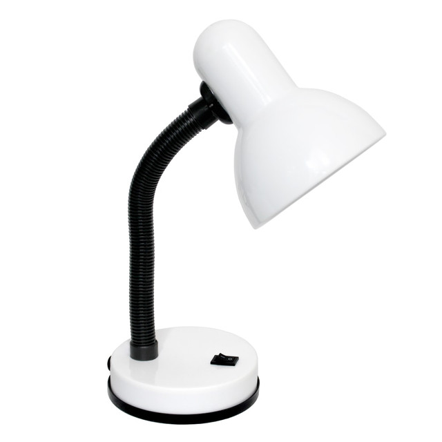 Functional desk lamp offers flexible light placement  Metal base is weighted to help minimize unwanted movement.  Dome-shaped metal shade helps direct light.  Uses a 60W type-A medium-base bulb (not included).  Flexible hose neck helps you shine light right where you need it most.  Push-button on/off switch offers intuitive use.  UL listed for safety.  5ft cord provides multiple placement options.  Save time - no assembly required.  Painted metal shade and plastic base  Flexible hose neck  ON/OFF button switch located on base for convenience  Dimensions: H: 13.85in Shade Diameter: 5in  Perfect for office, kids room, or college dorm  Uses 1 x 60W Type A Medium Base Bulb (not included)