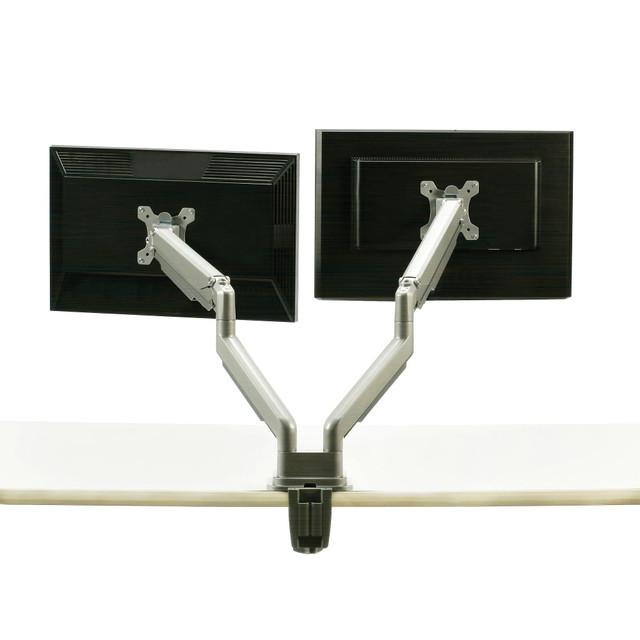 Create an effective work area with help from the SKILCRAFT 34in Monitor Mounting Arm For 2 Displays. This mounting arm supports 2 monitors at once thanks to its aluminum construction, and it helps offer an ergonomic workspace with its tilting, swiveling and rotating functionality.  Can support 2 flat or curved monitors up to 34in and up to 19.8 lb per monitor.  Made of strong and dependable aluminum.  Ergonomic, fully articulating design offers adjustable height and tilt to help you find the right position.  Rotates and swivels to suit your needs.  Cord-management system to keep cables out of the way.  Mounts via C-clamp or grommets.  Silver gray appearance offers a sleek look.