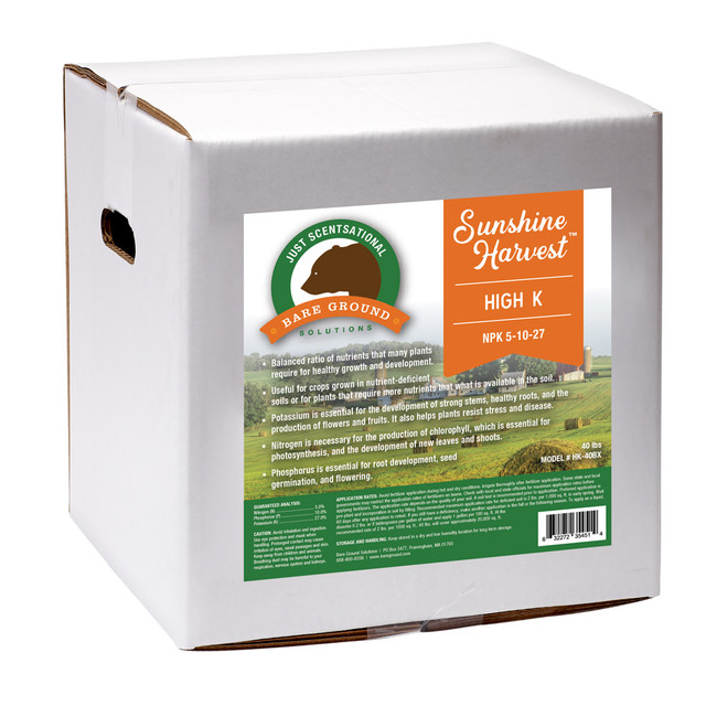 Use Just Scentsational High K NPK 5-10-27 Fertilizer to help your plants get the nutrients they need. The mix contains nitrogen, phosphorus and potassium and is great for fruit-bearing trees, flowering plants and crops for versatile use.  Helps give plants essential nutrients to provide robust blooming, fruit set and overall productivity.  Formula contains 5% nitrogen, 10% phosphorus and 27% potassium.  Suitable for flowering plants, crops and fruit-bearing trees.