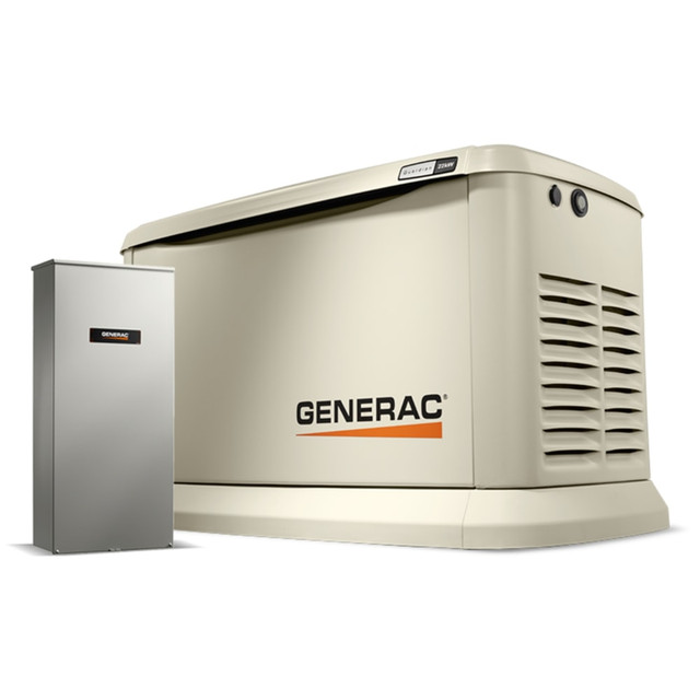 The Generac Guradian Series 7043 Standby Natural Gas Generator an air-cooled home standby generator you can count on. The unit is designed with built-in Wireless Mobile Link Monitoring and offers an LCD for simple operation.  G-Force 1000 Series V-Twin OHV Industrial Engine offers enough power for most homes.  Allows both natural gas and LP gas operation.  Offers built-in Wireless Mobile Link Monitoring.  Multilingual LCD and Evolution Controller make it easy to operate.  All-weather aluminum enclosure for durability. Composite base sits directly on the soil.  Lock system prevents tampering.  Smart battery charger and weekly, bi-weekly or monthly quiet-test exercise cycles make sure its ready when you need it.  UL listed.  Backed by the manufacturers limited warranty.  Cream offers a simple color.  This product is heavy and/or oversized and may need more than one person to handle.