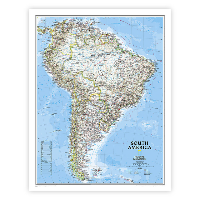 Discover the vibrant landscapes and rich cultural heritage of South America with National Geographics South America Classic Map, now available in a durable laminated format for lasting reliability. From the Isthmus of Panama to the southern reaches of Cape Horn, this map seamlessly combines beauty with function, featuring a bright color palette with blue oceans and stunning shaded relief that has been a hallmark of National Geographic wall maps for over 75 years.  Political boundaries are clearly defined, providing essential geographic context, while thousands of place names, airports, major roadways, and other geographical features are easy to read, ensuring seamless navigation and exploration.  Ocean features and currents, as well as depth curves and soundings, add context to the continents extensive coastline, offering insights into the diverse human populations that inhabit those shores.  Coverage includes the countries and major cities of Argentina, Bolivia, Brazil, Chile, Colombia, Ecuador, Guyana, Paraguay, Peru, Suriname, Uruguay, and Venezuela, providing a comprehensive overview of the regions diverse territories.  Encapsulated in heavy-duty 1.6 mil laminate, this map is resistant to changes in humidity, ensuring long-lasting durability.  Whether you are exploring the bustling streets of Buenos Aires or the majestic landscapes of the Amazon, the National Geographic South America Classic Map, laminated for reliability, is your essential guide to the wonders of South America.  Measures 23.5in x 30.25in.