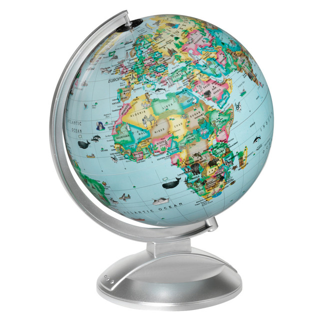Introduce kids to the earths fascinating features with this globe  Over 125 illustrations let students examine people, landmarks and animals.  Illumination displays underwater mountains, trenches, tectonic plates and other geographic features with the flip of a switch.  Plastic base ensures durability.  Compact design fits onto a desk or shelf.