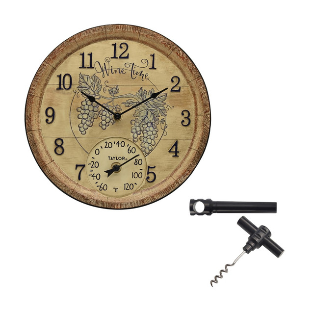 Add a fun touch to your home or patio with the Taylor Precision Products Wine Time Poly Resin Clock & Thermometer With Bonus Corkscrew. The durable weather-resistant construction offers lasting strength.  Durable, weather-resistant construction is both UV- and fade-resistant.  Wide temperature range from -60 deg.F to 120 deg.F.  Offers accurate time measurement with quartz clock movement.  Built-in hanger on back for simple mounting.  Suited for both indoor and outdoor use for all climate ranges and seasons.  Pocket corkscrew boasts a 2-piece construction. Case converts into the corkscrew handle.  Backed by the manufacturers 1-year limited warranty.