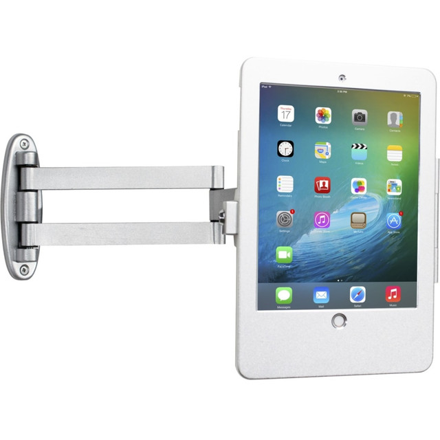 Case enclosure allows access to all ports, buttons, and cameras  Optional metal home button cover  Enclosure protects tablet with lock and key security system  Case enclosure rotates 360 degrees for portrait and landscape orientations  Compatible with iPad Gen. 5 (2017), iPad Gen. 6 (2018), iPad Air, and iPad Pro 9.7  Arm folds nearly flush with wall  Arm easily mounts to any wall with included hardware  Charge cable cutout in case rear plus interior slack management space  4 flexible, sturdy joints allow for custom positioning