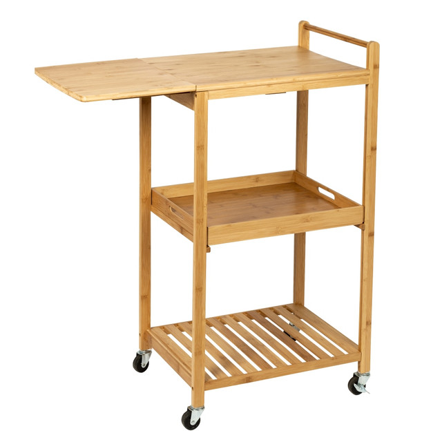 This mobile cart is great for entertaining, serving guests or just adding a more storage space to your kitchen. The drop-leaf table is ideal for maneuvering through small spaces to accommodate your serving needs.  Top and bottom shelves have plenty of space for food, drinks and kitchen utensils. Includes a removable serving tray for smaller trips.  Drop-leaf table is ideal for compact spaces.  Holds up to 250 lb.  Made of bamboo for an attractive appearance.  4 heavy-duty casters enable smooth and stable movement. 2 casters lock for stability when you need it.  Assembly required.  Backed by the manufacturers lifetime limited warranty.
