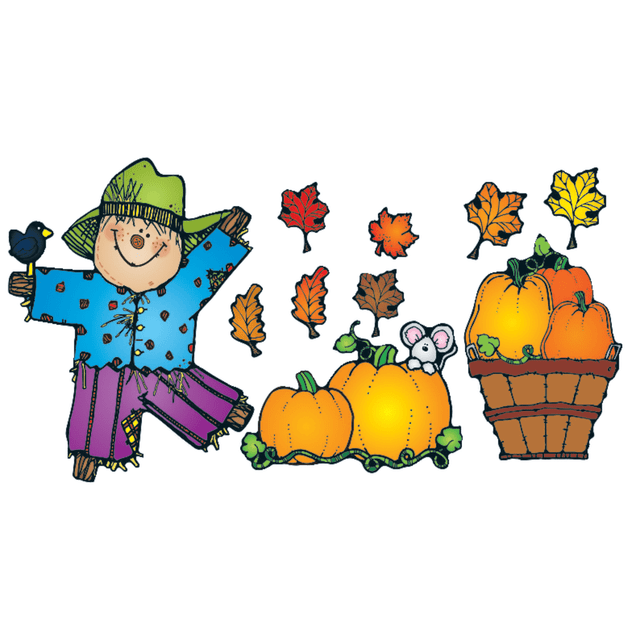Fall into autumn in your classroom  Classroom bulletin board set with a colorful fall theme. Features a scarecrow (approx. 16-1/4in x 21-1/2in), 2 crows, 18 leaves, a sign, 2 pumpkins with a mouse accent, 7 pumpkins, a triple-piece pumpkin accent and a pumpkin basket.  A resource guide is included to help you get started.  Recommended for students in kindergarten through third grade.
