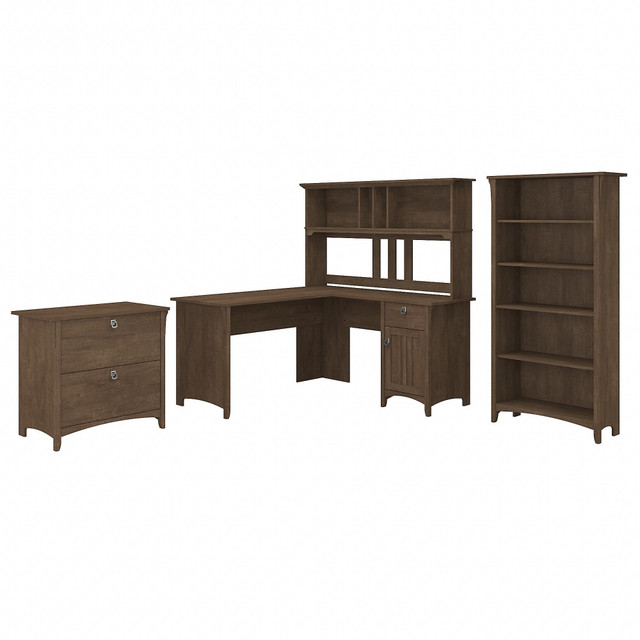 Add a touch of style and comfort to your home office. The Salinas L Shaped Desk with Hutch, File Cabinet and Bookcase offers a personal workspace with a large surface and plenty of storage capacity. Tapered legs, curved base rails and decorative wood accents inspired by timeless Mission styling look great in your choice of three attractive finishes.  Bundle includes: 60inW L Shaped Desk, 60inW Hutch, 2 Drawer Lateral File Cabinet, 5 Shelf Bookcase.  Assembled Dimensions: 60inW x 60inD x 63inH  Space-saving L Shaped Desk design offers ample workspace and can be placed in a corner.  Work surface weight capacity tested to support 200 lb.  Storage cabinet with adjustable shelf conceals reference materials and miscellaneous items.  Lateral File Cabinet drawers open on full-extension ball bearing slides and hold legal and letter size documents.  Lateral file drawer weight cacapity tested to support 50 lb.  Open storage on Hutch provides plenty of room to display books, photos, decorations and more.  Bookcase has 3 adjustable shelves for flexible storage and 2 fixed shelves for stability.  Bookshelf weight capacity tested to support 50 lbs.  Box drawer holds small items such as writing utensils, notepads and other office supplies.  Tapered legs, curved base rails and decorative wood accents inspired by timeless Mission style.  Assembly Required.  Standard Delivery Service. Furniture is delivered unassembled.  Backed by the Bush Furniture 1-Year Manufacturers Warranty. For additional information, please visit: www.bushfurniture.com/ReturnsExchanges  This product is heavy and/or oversized and may need more than one person to handle.