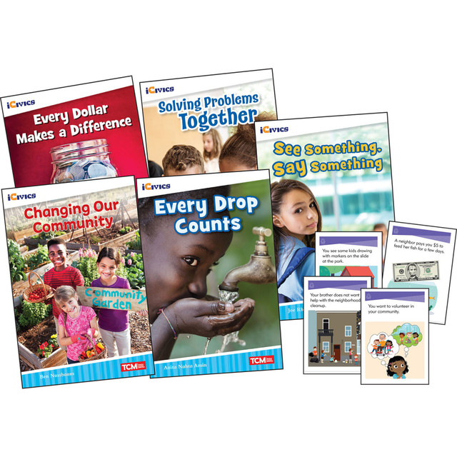 Learn about the community you live in with the Teacher Created Materials iCivics: Community & Social Awareness 5-Book Set & Game Cards. This set teaches a variety of civics topics in meaningful and easy-to-understand ways through activities such as Read and Respond questions, Think and Talk callouts and Civics in Action.  Explore civics topics in meaningful and easy-to-understand ways.  Read and Respond questions, Think and Talk callouts and Civics in Action activities help enhance reading experience and critical thinking skills.  Included card game reinforces literacy and civics kills.  Learn what see something, say something means and why its important, explore how to work together to solve problems and discover ways to save water.  Includes What Would You Choose? Game Cards, Every Dollar Makes a Difference, Solving Problems Together, Changing Our Community, Every Drop Counts and See Something, Say Something.