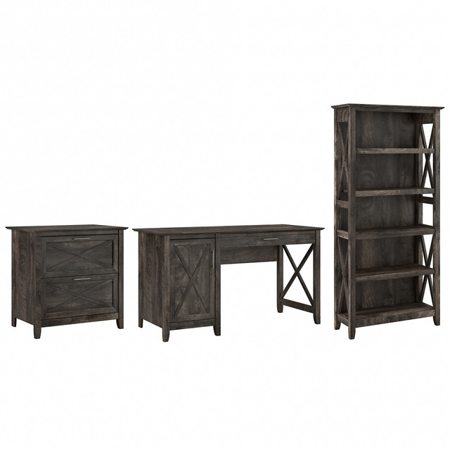 You can create an island atmosphere right in your own home with the Key West Computer Desk with Storage, Lateral File Cabinet, and Bookcase office set. These home furnishings feature a unique X pattern and durable construction that ensure they will be a mainstay of your home for years to come.  Bundle includes: 54inW Computer Desk with Storage, 2 Drawer Lateral File Cabinet, and 5 Shelf Bookcase.  Assembled Dimensions: 54inW x 23 5/8inD x 66inH  Constructed of laminate over engineered wood.  Durable work surface offers plenty of room to spread out.  Desktop weight capacity tested to support 200 lb.  Unique X pattern accents for a relaxed and airy style.  Computer Desk provides convenient pull out keyboard drawer with flip down front and includes wire management.  Full extension ball bearing slides on Lateral File Cabinet drawers provide easy access to letter or legal size files.  Lateral File Cabinet matches height of desk for an extended work surface.  File drawer weight capacity tested to support 44 lb.  Bookcase has three adjustable shelves for storage flexibility and two fixed shelves for stability.  Bookshelf weight capacity tested to support 25 lb.  Meets ANSI/SOHO standards for safety and performance.  Assembly Required.  Standard Delivery Service. Furniture is delivered unassembled.  Backed by the Bush Furniture 1-Year Manufacturers Warranty. For additional information, please visit: www.bushfurniture.com/ReturnsExchanges