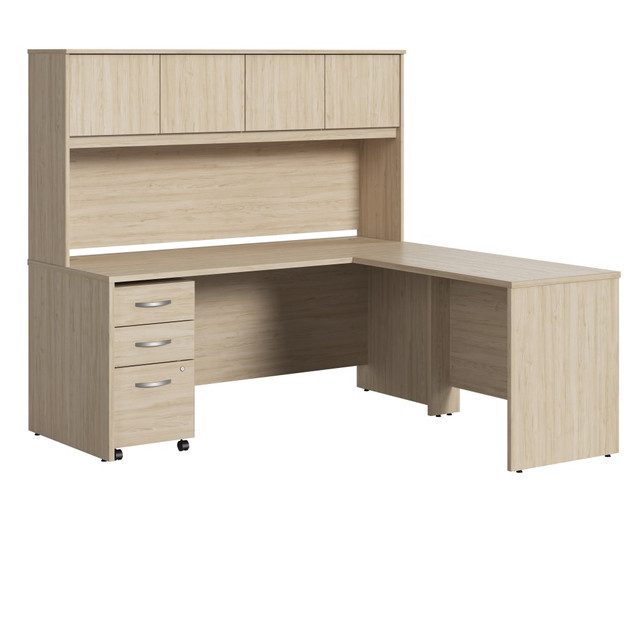 Choose the Studio C L Shaped Desk with Hutch for a classic commercial-grade design that works with you for years and a contemporary finish that looks great in the modern office. The Hutch conveniently stores supplies, books and more, while the Mobile File Cabinet rolls with you throughout your office or remains in place as needed on any surface.  Bundle includes: 72inW x 30inD Office Desk, 42inW Desk Return, 72inW Hutch, 3 Drawer Mobile File Cabinet.  Assembled Dimensions: 71inW x 71inD x 65 6/7inH  Thermally fused laminate finish fends off scratches and stains to protect the office furniture set.  L Shaped Desk surface offers space to spread out and integrated cable management to conceal computer cords.  Return attaches to either side of Desk to form a left or right-handed L Shaped layout for your comfort.  Desktop weight capacity tested to support 200 lb.  4 Hutch doors provide plenty of storage room and include self-closing Euro-style hinges.  Mobile File Cabinet locks to secure your letter, legal and A4 size paperwork with a file drawer gliding on smooth full-extension ball-bearing slides.  Mobile File Cabinet includes 2 box drawers with 1 file drawer and rolls wherever you need it.  File drawer weight capacity tested to support 37 lb.  Available in your choice of several contemporary and traditional finishes to fit any work environment.  Commercial quality backed by the Bush Business Furniture 10-Year Manufacturers Warranty. For additional information, please visit: www.bushbusinessfurniture.com/ReturnsExchanges  Assembly required.  Standard Delivery Service. Furniture is delivered unassembled.  This product is heavy and/or oversized and may need more than one person to handle.