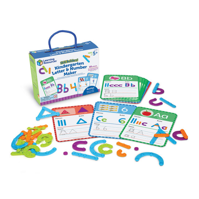Turn early learning into hands-on fun with the Skill Builders! Kindergarten Letter & Number Maker set. This 60-piece set includes engaging activities and 20 double-sided cards to help kids build, trace, and write letters and numbers. Perfect for home, classroom, or on-the-go learning, this versatile set prepares children for kindergarten success.  40 kid-friendly pieces for building uppercase, lowercase letters, and numbers 0-10  Activity cards introduce tracing, counting, and beginning sound recognition  Helps kids develop letter and number identification and writing skills  Supports phonics, early literacy, and math readiness  Includes a reusable carrying case for convenient storage and portability  Ideal for homeschool activities, classroom supplies, or advanced toddler learning  Designed for children ages 6+ to build kindergarten-ready skills