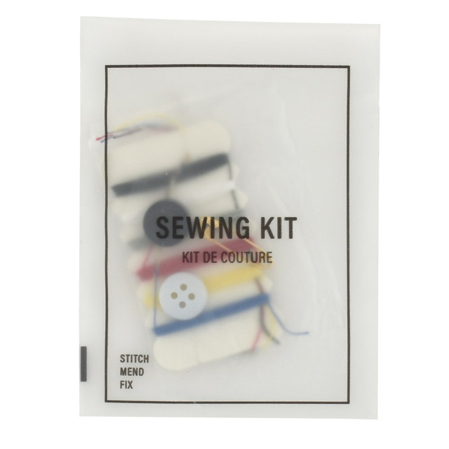 When you rip a stitch or lose a button, the 3-piece sewing kit from Hotel Emporium provides a quick fix. This kit includes everything you need to make simple repairs on-the-go.  Kit includes 2 buttons, 2 needles and 6 colors of thread.  Thread colors include black, white, gray, red, yellow and blue.  Packed in a clear, resealable sachet.