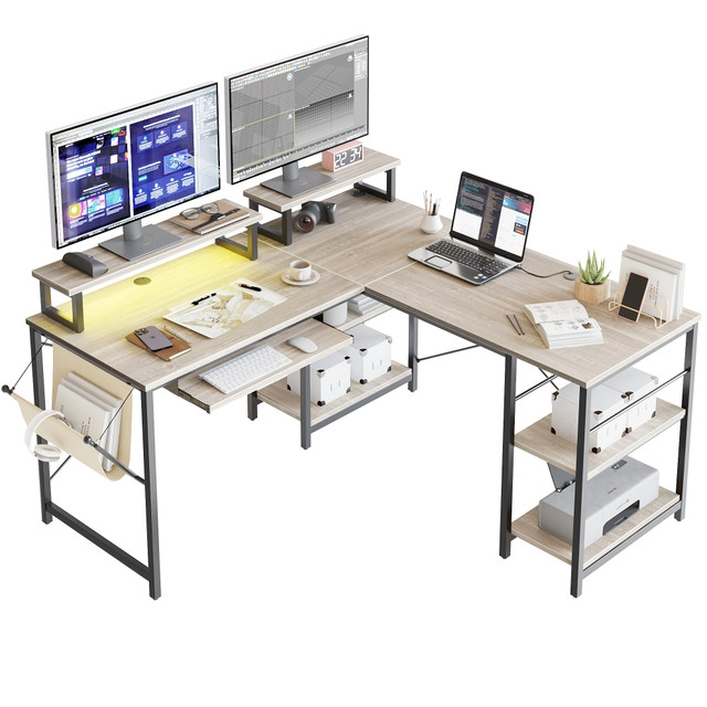 Bestier L Shaped Desk with Shelves 95.2 Inch Reversible Corner Computer Desk or 2 Person Long Table for Home Office Large Gaming Writing Storage Workstation P2 Board with 3 Cable Holes  LED L Desk: The RGB light reflects 7 main colors and 20 dynamic modes under the operation of controller, creating an immersive gaming experience. The light strip can be mounted on either of 2 monitor stands  Dual Monitor Stand Desk: 2 individual monitor stands on the desktop for an ergonomic sight on screen and computer, helping to reduce neck and back pain. Equipped with 8 extra pads under the stands for more stability  Desk with Keyboard Tray and Bag: The tray is 23.6inL x 11.8inW, suitable for most keyboards. There are 2 steel slides on 2 sides under the desk, smooth enough to push and pull out. The bag is adjusted between 0-45 degrees by wrapping the rope around the iron rod. The max load capacity is 5.5 lbs  2 Different Configurations: Chosen it to be a 59.5in l shaped desk or a 95.2in double long desk, its up to you. The l option makes full use of corner space and the long option is very suitable for 2 person working together  Flexible Storage Shelves: The shelves under desk can be installed at Right + Middle or Left + Middle when becoming an l-shaped desk; also can be Right + Middle when a long desk  Features monitor stands, a side pocket and a keyboard tray.  This product is heavy and/or oversized and may need more than one person to handle.  Contains Recycled Content - See Specs for Details.