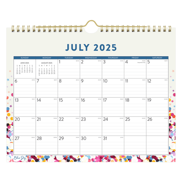 Brighten up your work space with the 2025-2026 Blue Sky Monthly Academic Wall Calendar. Spacious monthly grids feature reference calendars for quick date checking as you plan.  Monthly spreads feature reference calendars for quick date checking.  Covers 12 months: July to June.  Twin-wire binding offers durability.  Integrated metal hook allows wall hanging.
