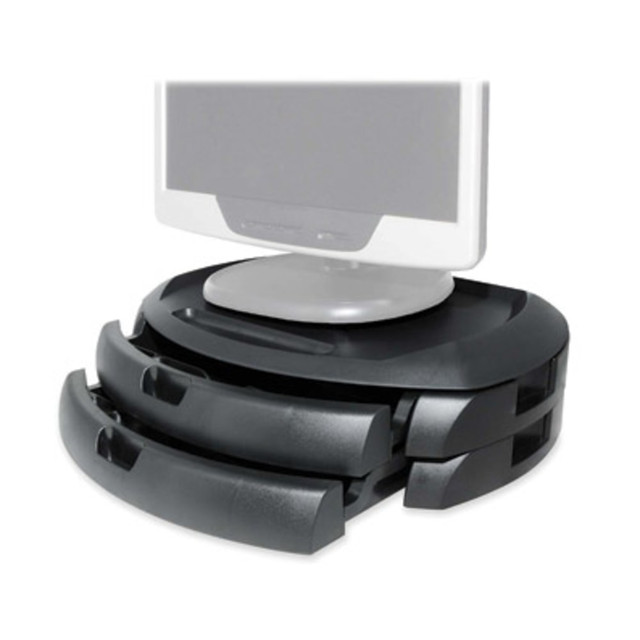 LCD stand with convenient organizer positions monitor at a more comfortable viewing height.  Two drawers provide storage space and easy access to papers and supplies.  Rubber feet protect your desktop surface.  Stand is made of high-impact plastic.