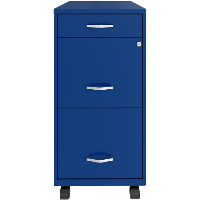 The 3-Drawer Metal Vertical File Cabinet is the ideal storage solution for any small office or home office. Featuring 2 file drawers and an additional small storage drawer, this Realspace file cabinet is the perfect solution for your home office needs. This file cabinet features a smart, efficient design that works well in smaller spaces, and fits under most work surfaces or desks. Each drawer features high-sides to accommodate letter-sized hanging files. The top pencil drawer can also be perfect storage for other office essentials. Using a patented glide suspension, the drawers have a smooth open and close slide with a 3/4 drawer extension. In addition, you can keep your files and possessions secure by using the built-in lock for both drawers. The painted-steel surface is non-porous and easy to clean. Bring organization and function to your home or office with this 3-drawer file cabinet.  Vertical file drawers accommodate letter-size hanging file folders.  Full high-side drawers provide storage for other office essentials.  Smooth, patented glide suspension with 3/4 drawer extension.  Cam lock secures the top 2 drawers.  Painted-steel surface is non-porous and easy to clean.  Ships fully assembled.  Tested to meet ANSI/BIFMA Performance Standards - Manufacturer testing has been conducted on this product to meet specific performance requirements and safety standards set forth by the American National Standards Institute (ANSI) and the Business and Institutional Furniture Manufacturers.