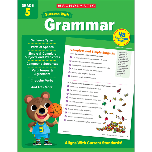Prepare your child for quizzes, tests and more with the Scholastic Success With Grammar Workbook. Great for at-home or classroom use, the workbook offers 48 full-color pages with plenty of grammar-based activities.  Helps reinforce a variety of grammar concepts, including simple and complete subjects and predicates, compound sentences, irregular verbs and more.  Offers a targeted design to help students enhance their grammar skills.  Contains 48 ready-to-reproduce pages.