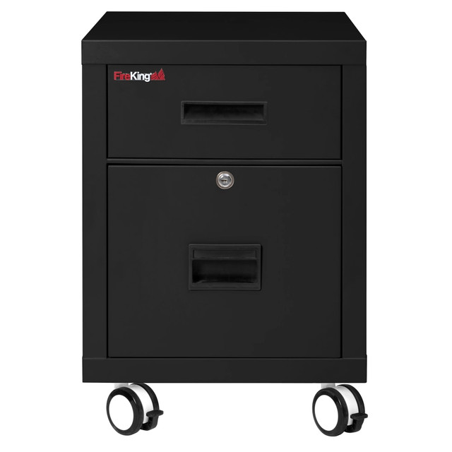 Keep private and important documents safe inside this FireKing file cabinet. The steel cabinet is insulated and is fire rated for 1 hour in case of emergency. The mobile pedestal is easy to move around your space and even fits nicely under most desks.  Made of strong and dependable steel. Insulated design with 1-hour fire-rated technology.  Top utility drawer and a bottom drawer for letter- and legal-size hanging files. Bottom drawer features a key lock.  Heavy-duty caster wheels.  Sized to fit under most desks.  Can accept a cushion to provide additional seating when needed (cushion sold separately).  Dock-To-Dock Delivery: Delivered direct from FireKing to customers dock. The customer is fully responsible for removing their order from the truck, installation and debris removal. Not for residential locations.  Backed by the manufacturers 90-day limited warranty.  Bold black appearance.  This product is heavy and/or oversized and may need more than one person to handle.