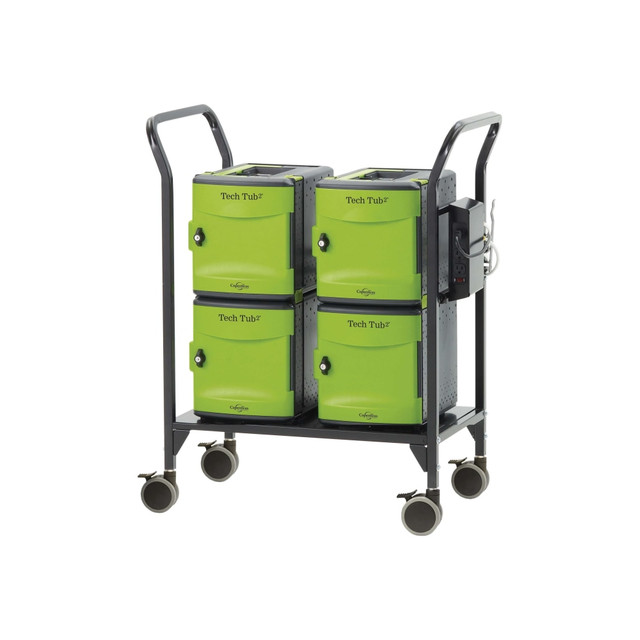 Tech Tub2 Modular cart creates a complete device charging, storing and disinfecting solution that disinfects devices in one minute. The large chamber disinfects Chromebook keyboards and screens (when open), VR headsets, headphones, robotics and other commonly used classroom items.