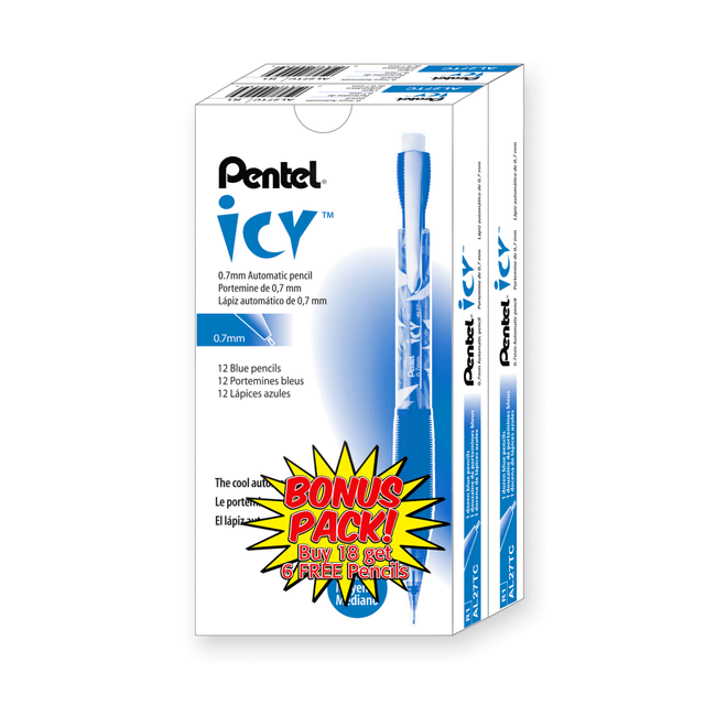 These Pentel Twist-Erase mechanical pencils feature a 1 1/4in tall twist-up eraser for long-lasting use. Their #2 medium lead scans on most standardized tests.  Pack of mechanical pencils features lightweight barrels that have a latex-free, extended coverage grip to help you write with ease.  Pentel mechanical pencils are refillable for continued use. Use Pentel Super Hi-Polymer lead and E10 jumbo erasers (refills sold separately).  With transparent blue barrels, the pencils supply a unique look.  These Pentel pencils have 0.7 mm points that produce bold, visible lines.  Refillable - designed to be used repeatedly, helping you avoid single-use disposables and potentially save money.