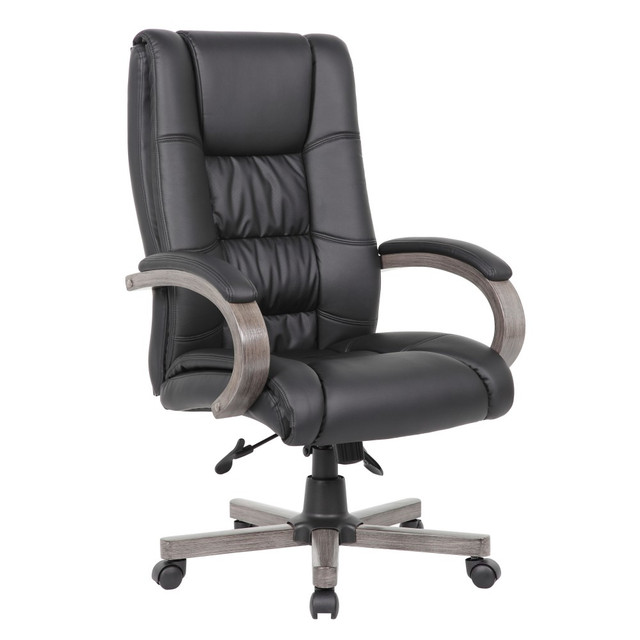 Round out your work space with a Boss Office Products Wood-Finished Vinyl High-Back Executive Office Chair. This Caressoftplus vinyl-upholstered office chair features Dacron-filled top cushions for lasting support and comfort. Utilize height and tilt adjustments to find your ideal working position.  Recommended for professional use 8-10 hours per day.  Weight capacity tested to support 275 lb.  Overall Dimensions: 48inH x 27inW x 27inD.  Durable wooden frame.  High back.  Upholstered in Caressoftplus Vinyl.  Equipped with plush Dacron-filled top cushions with perforated centers for comfort.  Adjustable office chair features a pneumatic gas seat height lift, tilt tension control and dual paddle spring tilt mechanism with infinite lock.  Sturdy nylon base with 5 hooded double wheel casters offers smooth mobility.  Assembly required.  ANSI/BIFMA Compliant - This product has been tested and verified for compliance with rigorous performance requirements and safety standards related to specific furniture products.