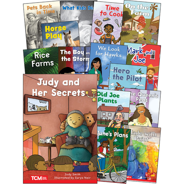 Assist early readers with important concepts like phonics knowledge and word recognition using Teacher Created Materials Decodable Books: Read & Succeed. Each book set includes family engagement pages to revisit important lessons.  Designed to introduce early readers to new sounds and progressively develop phonological awareness, phonics knowledge and high-frequency word recognition.  Some books are text-first books, offering decoding practice without illustrated clues first. The text is then repeated on the next spread with pictures.  Each book includes a family engagement page plus the phonics focus and high-frequency words learned.  Set aligns with the Science of Reading and Structured Literacy.  This 15-book set includes: Judy and Her Secrets, Junes Plan, Made with Paint, Old Joe Plants, The Queens Peas, Hero the Pilot, Rice Farms, The Boy and the Storm, We Look for Hawks, Mark and Joe, Horse Play, Pets Back in Time, What Kids Did, Time to Cook and On the Farm.