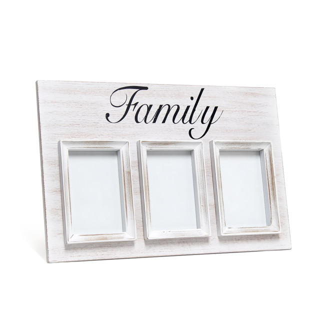Add rustic style to your home with the Elegant Designs 3-Photo Collage Picture Frame. Display 3 of your favorite photos at once on a desk or hanging on your wall.  Made from MDF.  Houses three 4in x 6in photos at once.  Stands on its own.  Brackets for wall hanging included on the back.