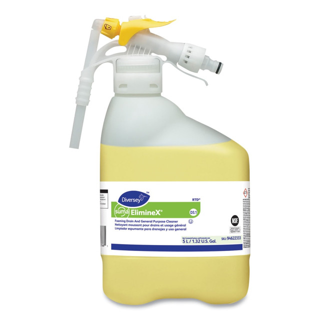 Chlorinated, high-alkaline cleaner utilizes a clinging foam technology that delivers superior drain cleaning. Safe for use on soft metals such as brass, aluminum, galvanized metals or garbage disposal units. Pale yellow in color with a chlorine scent.  Extended contact time provided by thickened foam delivers superior cling to drain surfaces.  No touch cleaning results in a safer, more sanitary cleaning procedure.  Provides a 20 to 30% cost savings over traditional drain cleaning methods.  Easier to use than traditional drain cleaning methods therefore reducing labor required to clean the drain.  Safe for use on soft metals, such as brass, aluminum, galvanized metal or garbage disposal units.  Works on any style of drain.