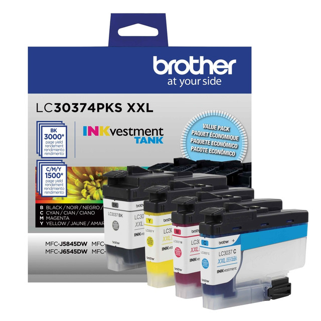 Compatible Brother models: MFC : MFC-J5845DW, MFC-J5845DWXL, MFC-J5945DW, MFC-J6545DW, MFC-J6545DW XL, MFC-J6945DW.  .  Accommodate large printing jobs with Brother LC3037 Genuine High-Yield Multi-Pack Ink. High-yield cartridges help to reduce office downtime.  Yields up to 1,500 pages per cartridge in color.  Yields up to 3,000 pages per cartridge in black.  Offers bold, vivid results.  Helps Avoid Waste - Designed for extended use, helping reduce or eliminate material use and potentially save money.  Recycling solution - designed to encourage recycling, helping you divert materials from landfill.