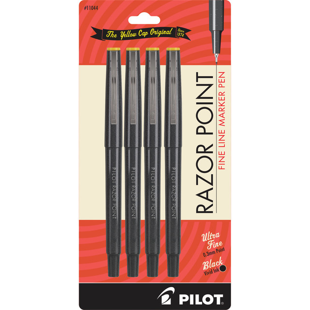 The reinforced fiber tip of Razor Point marker pens offer precision and control for writing extra-fine lines. This fine-tipped marker pen delivers liquid ink steadily and smoothly, providing clean lines and reliable quality.  Extra-fine fiber tip is reinforced for reliably precise lines. Protective metal sleeve houses the tip for durability.  Steady liquid ink flow for smooth writing.  Includes a pocket clip for convenient attachment to your pocket, notebook, binder, or other nearby items.  Pilot markers can be used on most surfaces.  Sure-click cap helps prevent the ink from drying out.  Nonrefillable.  0.3 mm tip.  These extra-fine-point black ink pens come in a pack of 4.