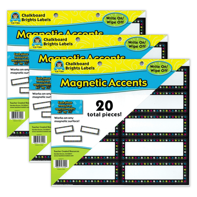 Decorate your whiteboard in a snap with durable, reusable magnetic decor!  Add flair to any magnetic receptive surface such as doors, desks, shelving, and bins.  Each magnet measures about 4-3/4in x 1-1/2in.  Each pack includes 20 pieces.  Sold as 3 packs for a total of 60 pieces.