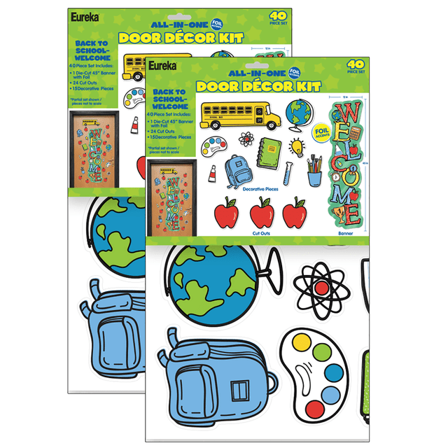 Welcome students with the Eureka Back To School All-In-One 40-Piece Door Decor Kit. The kit comes with a banner, decorative pieces and paper cut outs.  Fun design to welcome students back.  Kit includes 24 paper cut outs, 15 assorted decorative pieces and 1 die-cut banner.