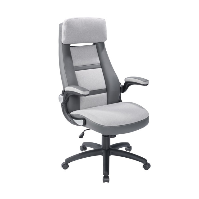 Manage the days workflow in comfort with this high-back office chair. The executive chair offers soft and stylish faux leather and fabric upholstery to help you stay focused. The height-adjustable chair helps you find the right position for your size.  Overall Dimensions: 44-5/16inH x 27-9/16inW x 26-3/4inD.  Recommended for essential use 0-4 hours per day.  Weight capacity tested to support 250 lb.  PU leather and fabric upholstery and sponge cushioning.  Class 3 gas lift for height adjustment.  Nylon armrests with padding.  Nylon base with wheels.  Swiveling design.  Assembly required.  Backed by the manufacturers 90-day limited warranty.